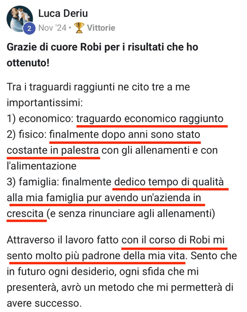 Il post di Luca Deriu: traguardo economico raggiunto, costante in palestra, tempo di qualità con la famiglia