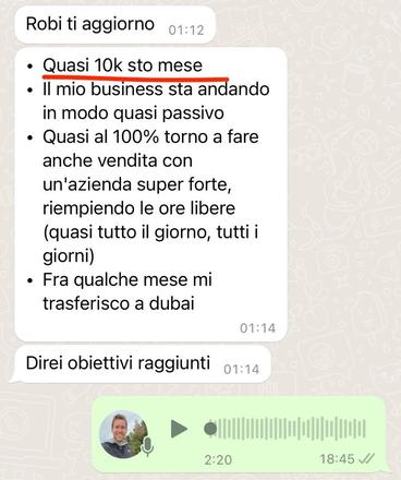 Messaggio a Robi: quasi 10k questo mese, il business va in modo quasi passivo, obiettivi raggiunti
