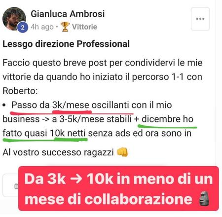Post di Gianluca Ambrosi nella community: da 3k al mese oscillanti a quasi 10k netti a dicembre