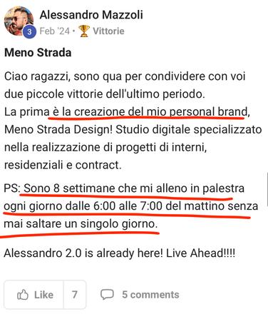 Post di Alessandro Mazzoli: il suo personal brand e otto settimane di palestra ogni mattina alle sei