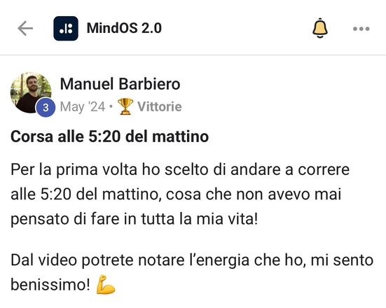 Post di Manuel Barbiero: corsa alle 5:20 del mattino, per la prima volta